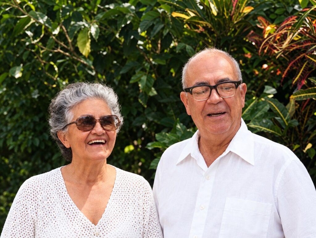 Joyful couple in a lush garden